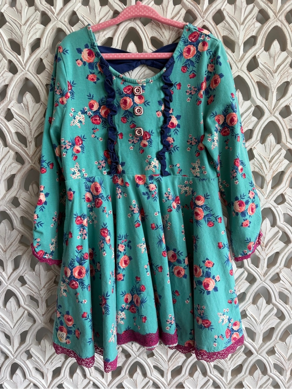Wildflowers Teal Floral Long Sleeve Dress with Pink Accents, size 10